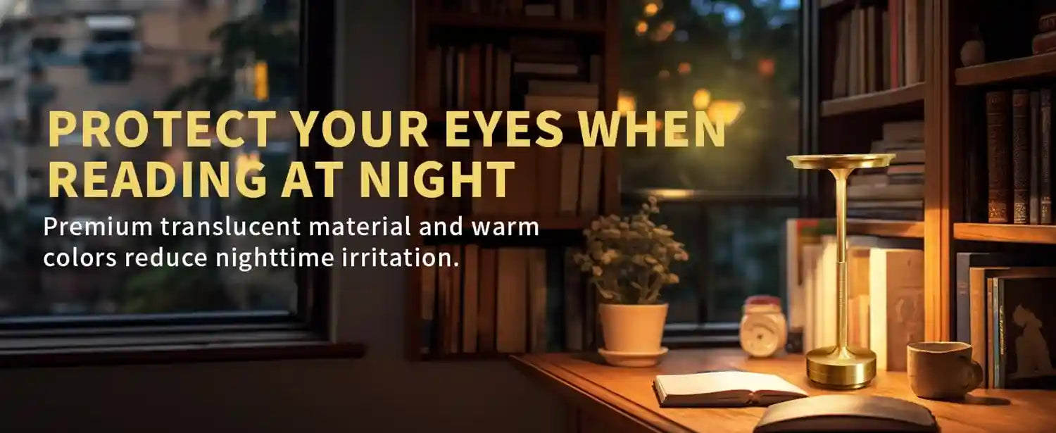 Bookshelf with books and a lamp, with text about eye protection at night.