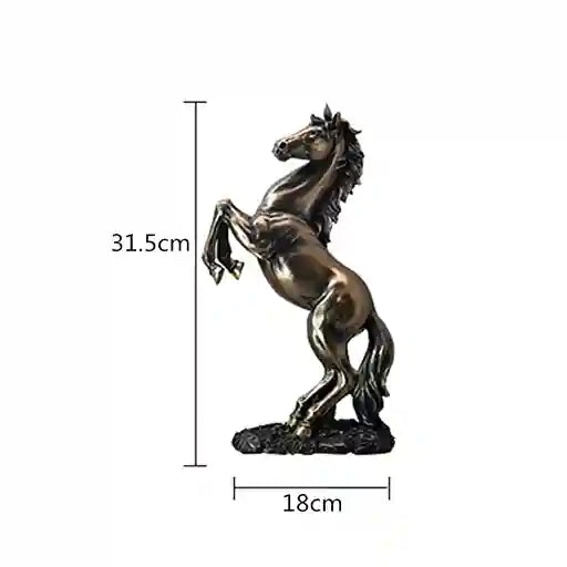Bronze horse statue with dimensions on a white background
