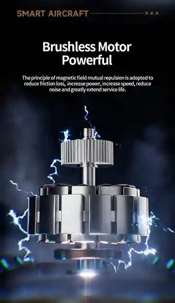 Brushless motor with text about its features on a dark background