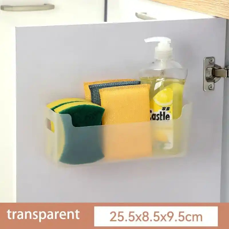 Cabinet organizer with cleaning supplies inside, showing dimensions.