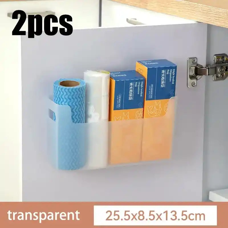 Cabinet organizer with rolls of paper and boxes inside, labeled '2pcs' and 'transparent'.
