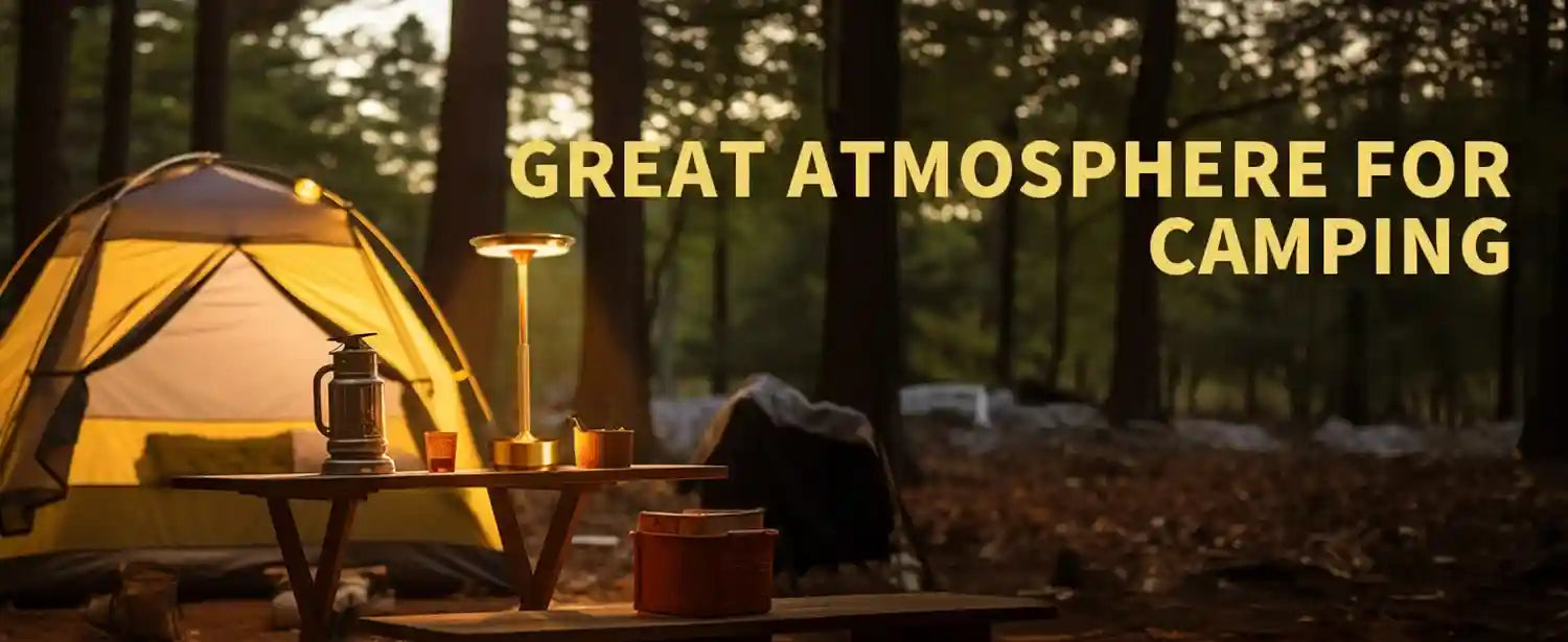 Camping scene with a tent, table, and lantern in a forest, text 'Great Atmosphere for Camping' displayed.