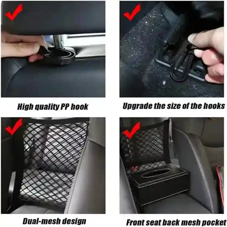 Car organizer with hooks and mesh pocket in a collage format.
