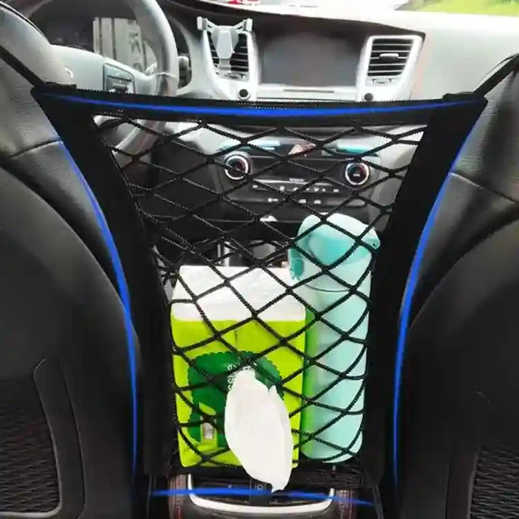 Car seat back organizer with drinks and phone in a vehicle