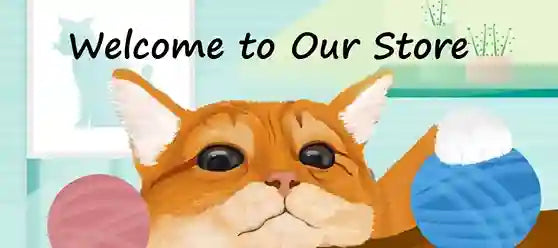 Cartoon cat with yarn balls and 'Welcome to Our Store' text