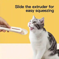 Cat being offered a grooming tool with text 'Slide the extruder for easy squeezing' on a yellow background