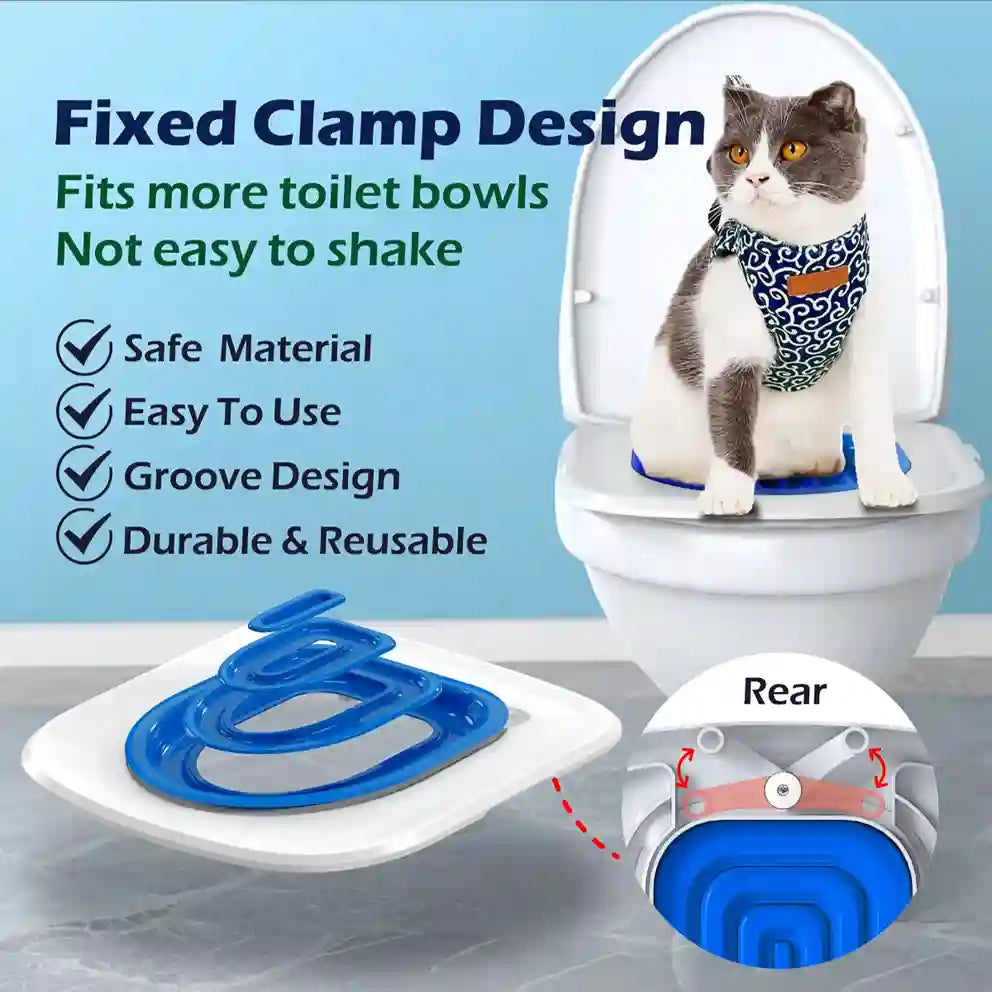 Cat using a toilet training pad with text highlighting features on a blue background