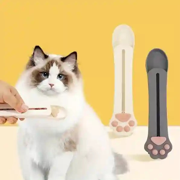 Cat with pet grooming tools on a yellow background