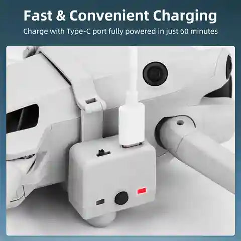 Charging cable with Type-C port being used on a drone, with text about fast charging.