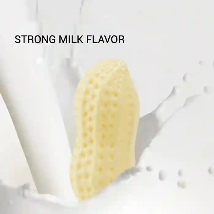 Cheese wedge with a glass of milk and text 'STRONG MILK FLAVOR' on a white background