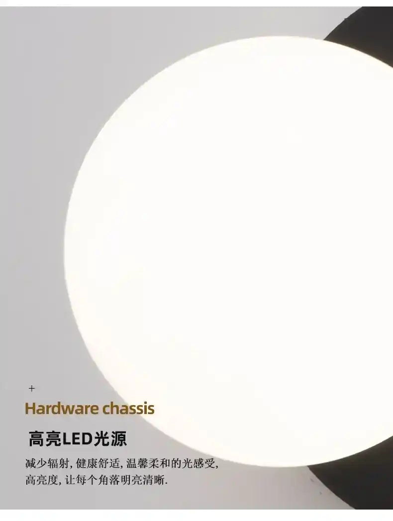 Circular light fixture with text on a gray background