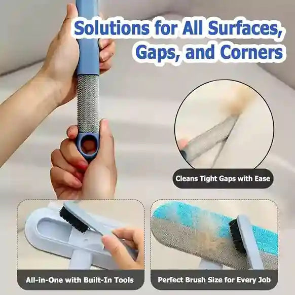 Cleaning brush with text 'Solutions for All Surfaces, Gaps, and Corners' and close-up of cleaning tight gaps.