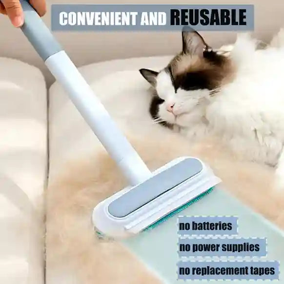 Cleaning tool being used on a couch with a cat lying nearby, text indicating convenience and reusability.