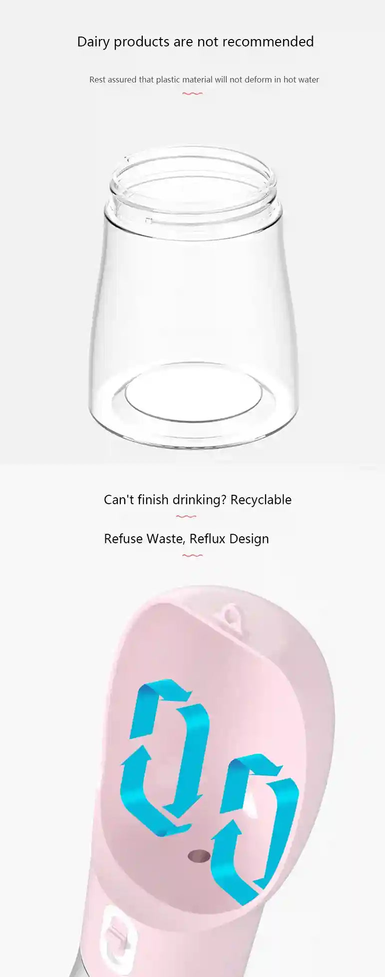 Clear drinking container with pink sleeve featuring blue text on a white background