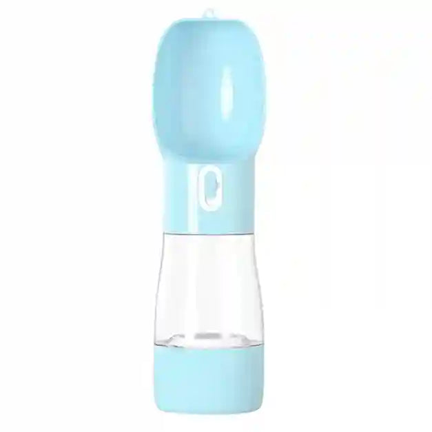Clear water bottle with a blue cap and base on a white background