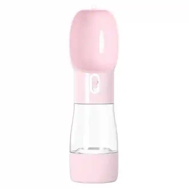 Clear water bottle with a pink lid and base on a white background