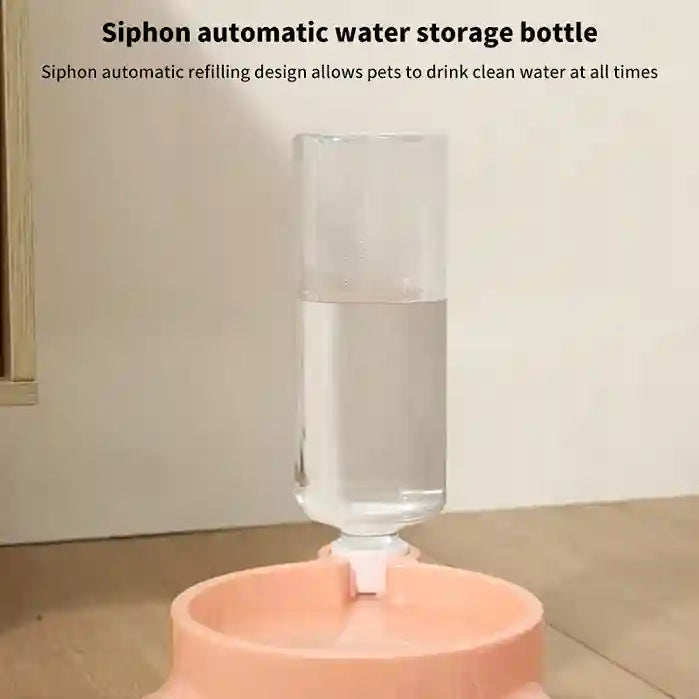 Clear water bottle with pink base on a beige surface, featuring text about siphon automatic refilling design.