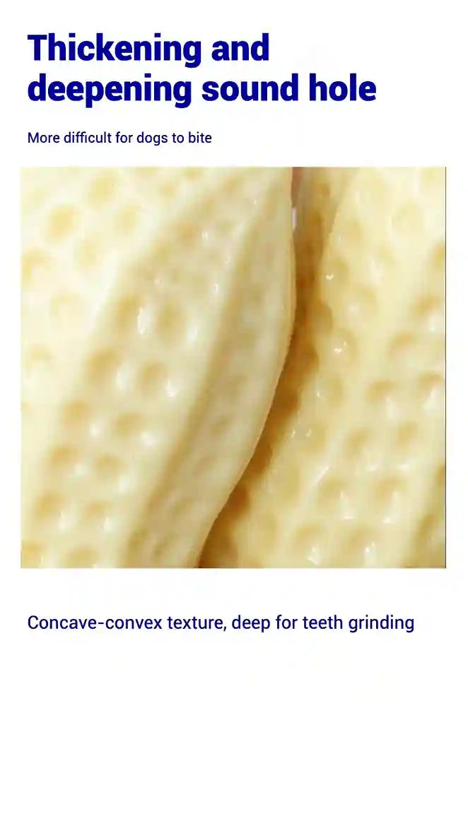 Close-up of a textured object with text about its features for dogs.