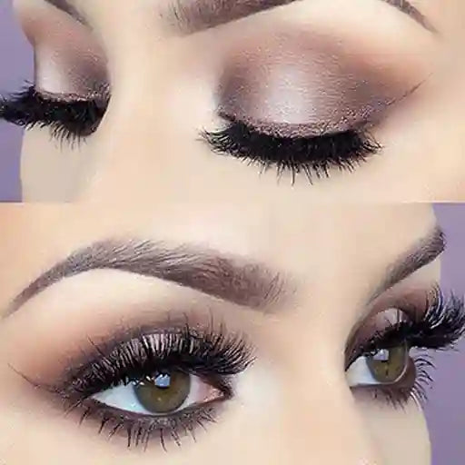 Close-up of a woman's eyes with smoky eye makeup and long eyelashes.