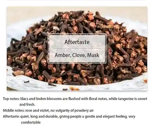 Cloves on a white plate with text about aftertaste description.