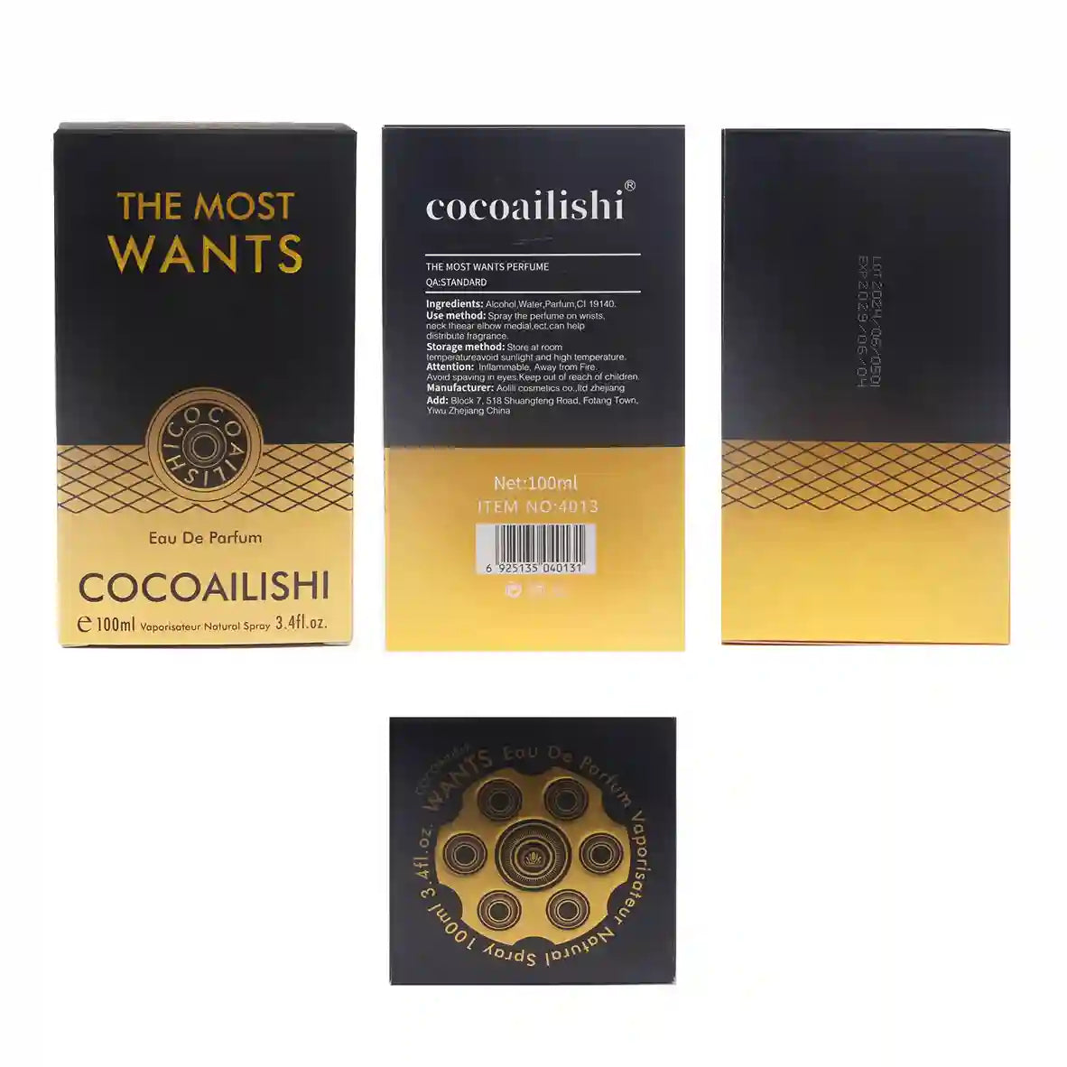 Cocoailishi perfume packaging with black and gold design