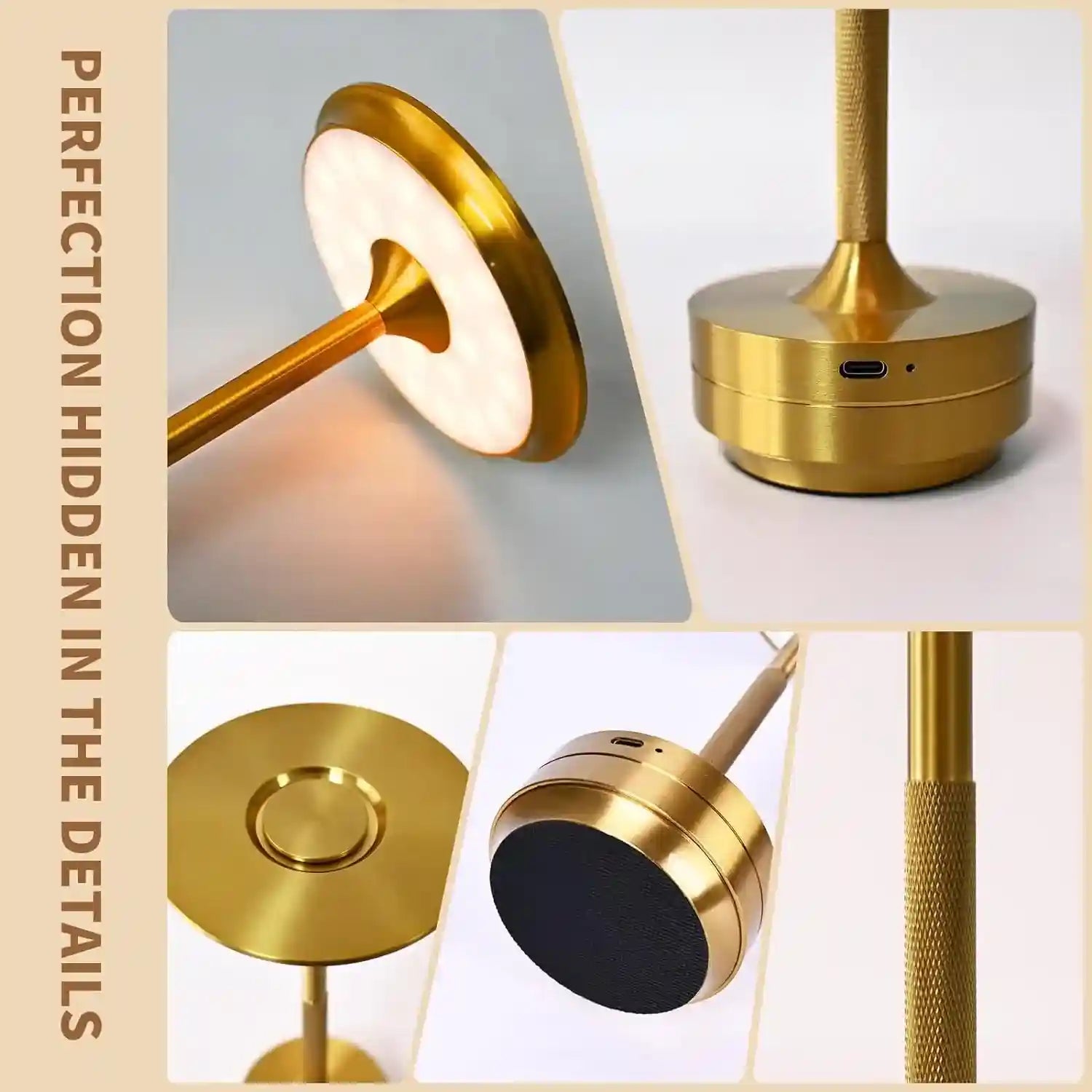 Collage of a gold lamp with close-up details on a beige background.