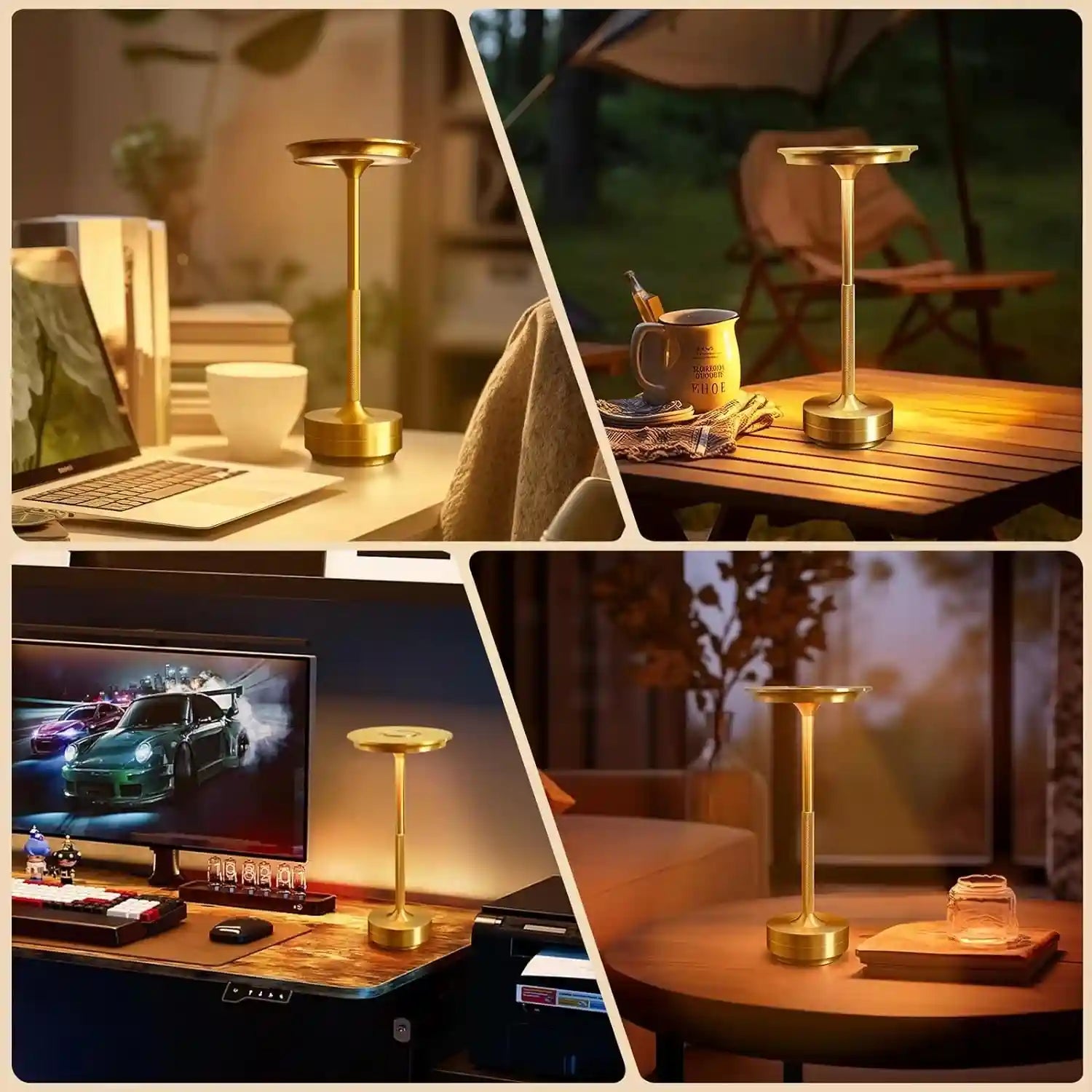Collage of a gold table lamp in various settings including a desk, outdoor table, and computer setup.