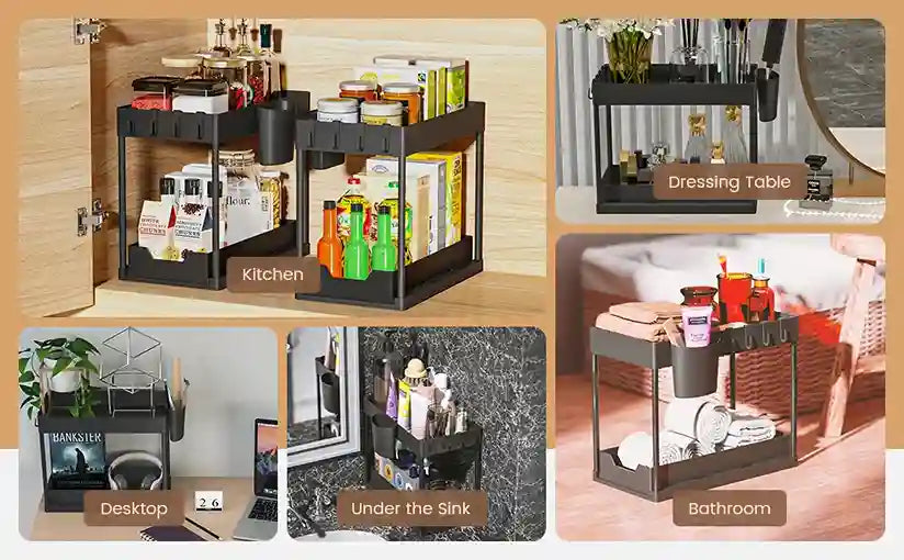 Collage of a multi-purpose storage rack used in various settings including kitchen, dressing table, desktop, under the sink, and bathroom.