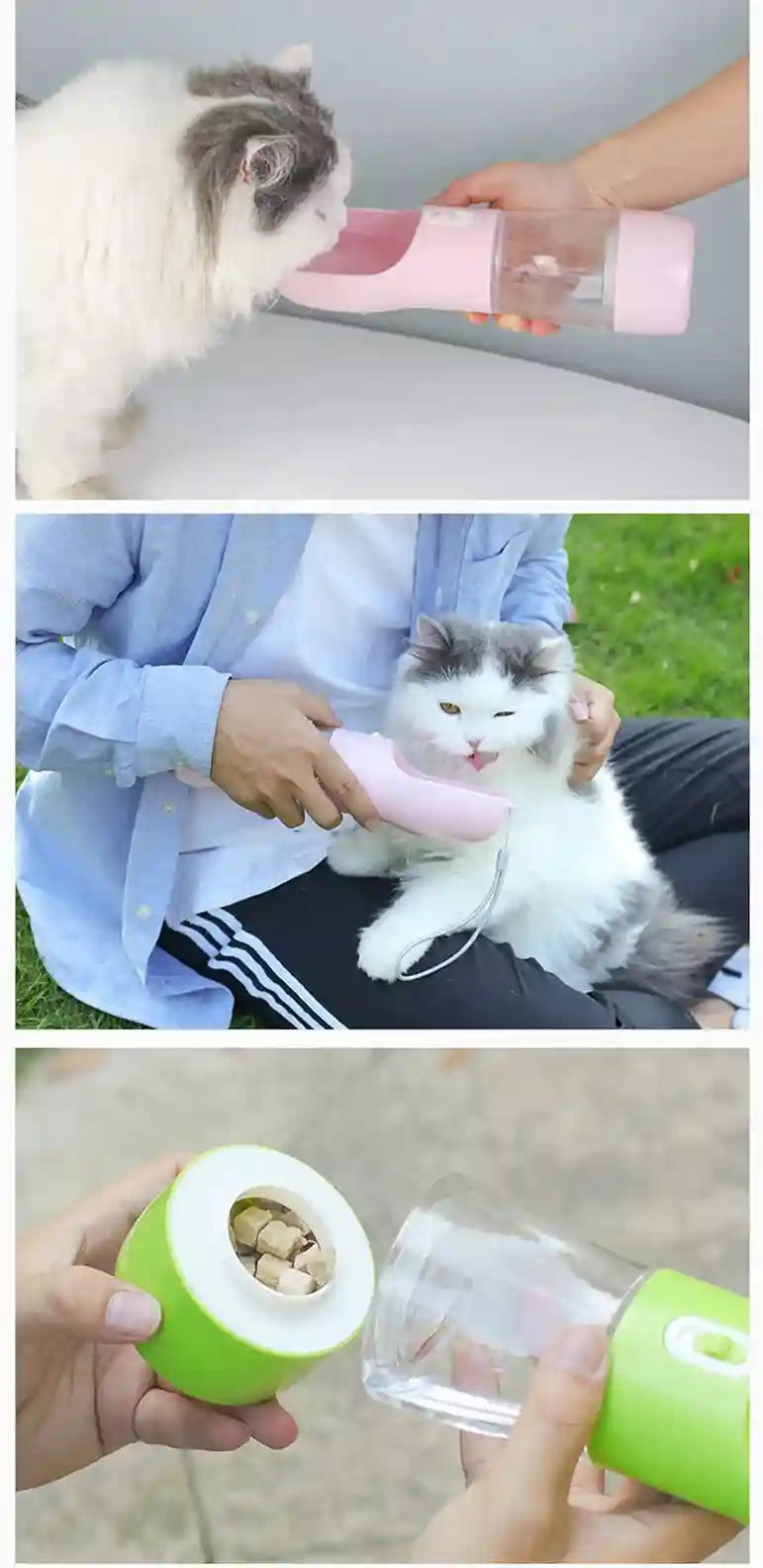 Collage of a person using a pet water bottle and food container with a cat.