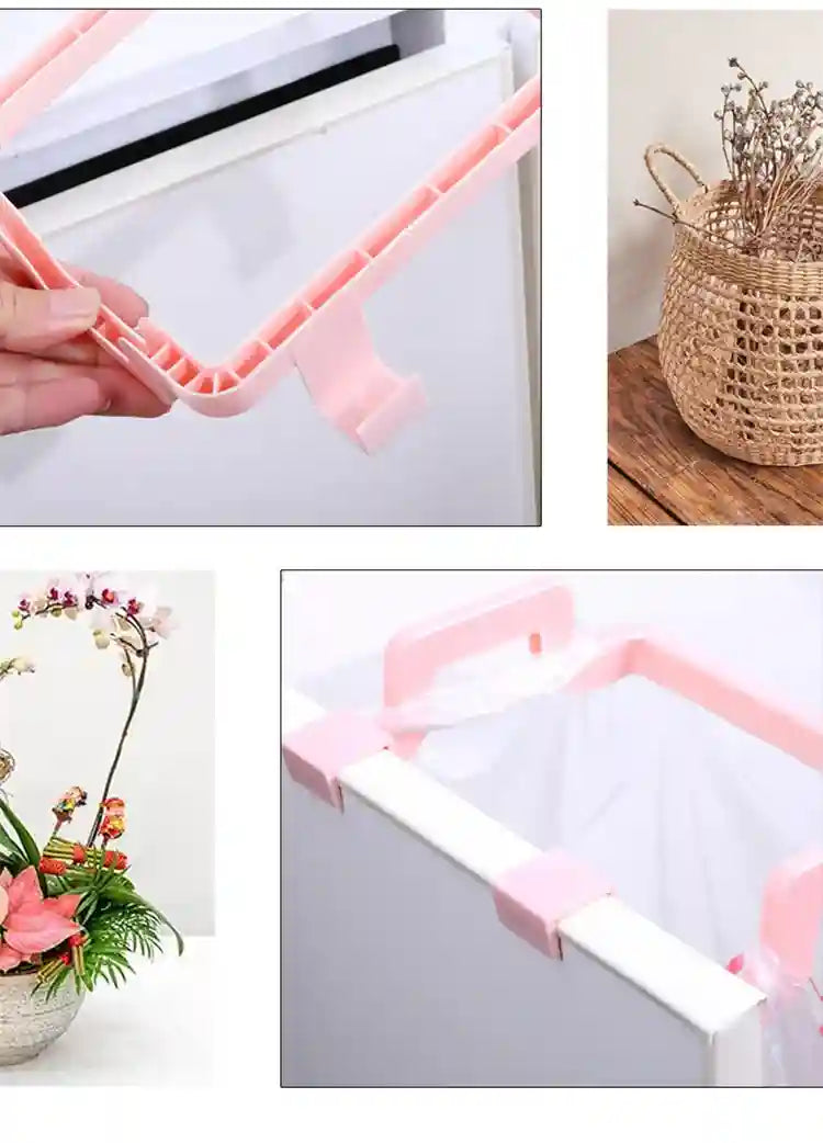 Collage of a pink and white tool being used on a window, a vase with flowers, and a basket.