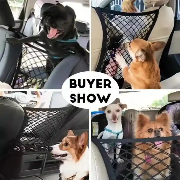 Collage of dogs using a car seat mesh organizer with text 'BUYER SHOW'.