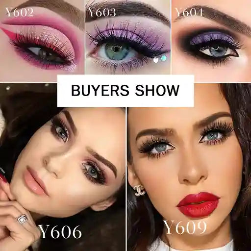 Collage of eye makeup looks with product codes Y602, Y603, Y604, Y606, and Y609.