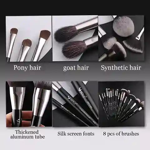 Collage of makeup brushes with labels for hair type and tube material.
