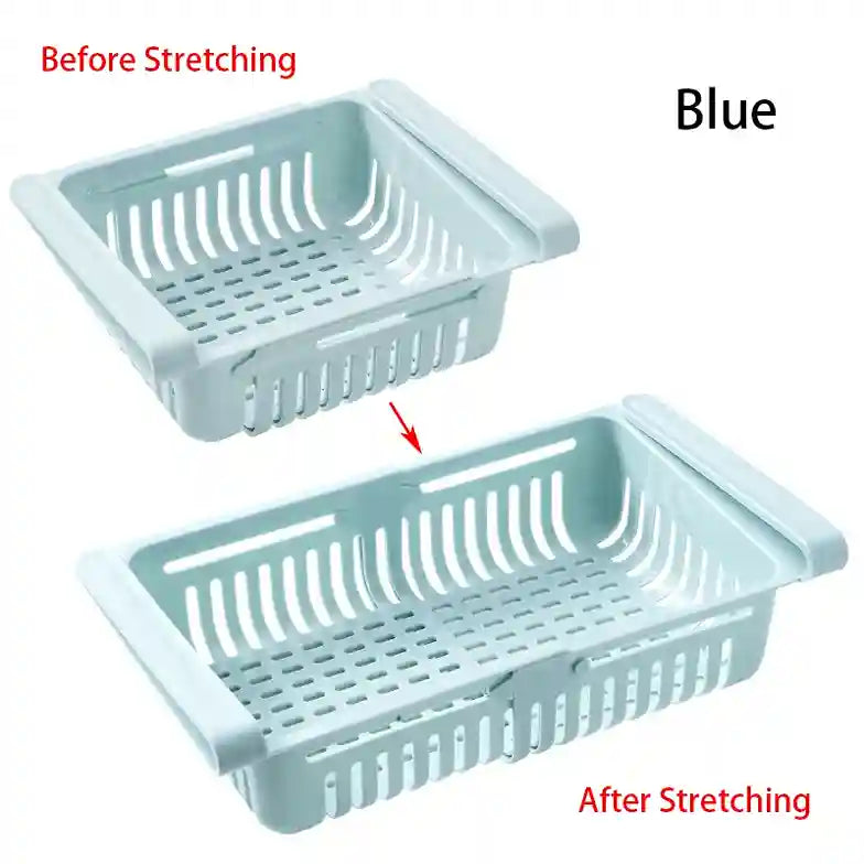 Comparison of a blue plastic basket before and after stretching on a white background.