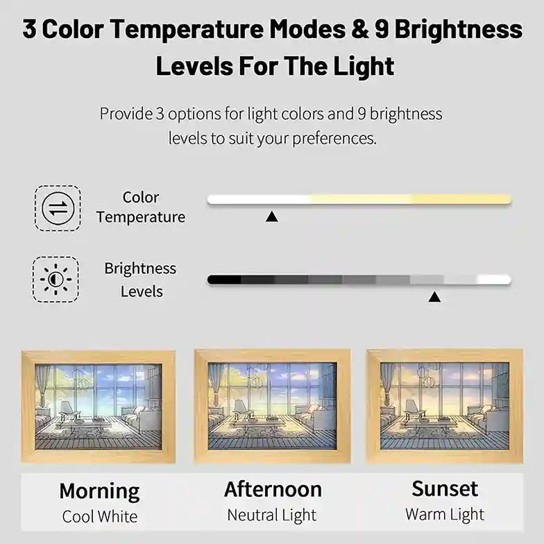 Control panel for adjusting color temperature and brightness with visual examples of light conditions.