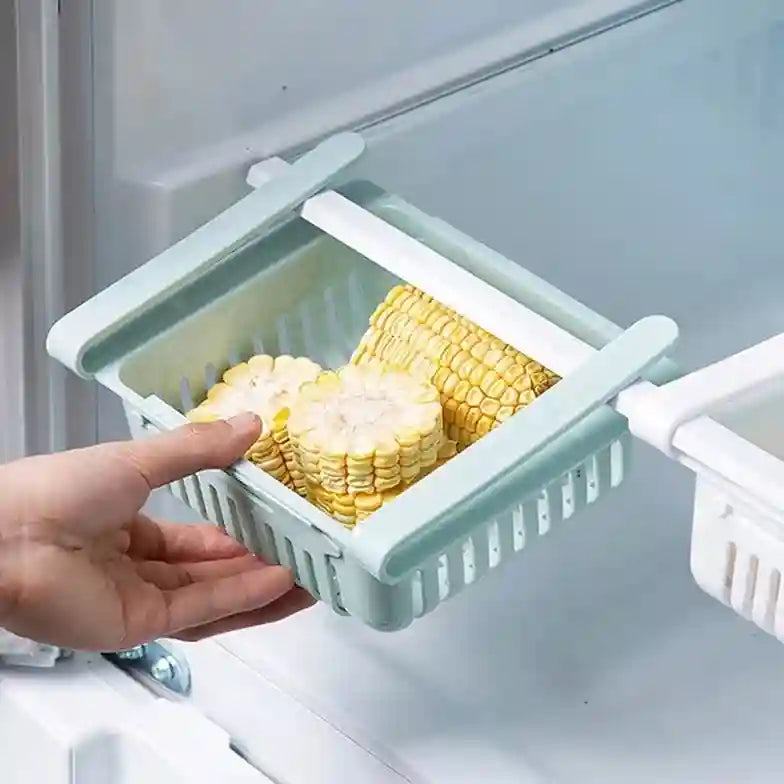 Corn on a white shelf inside a refrigerator with a hand holding the shelf.