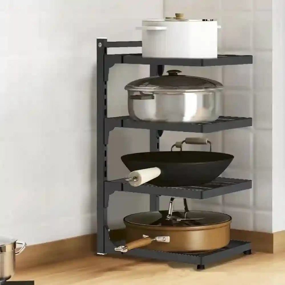 Corner kitchen storage rack with pots and pans on a light wood floor.