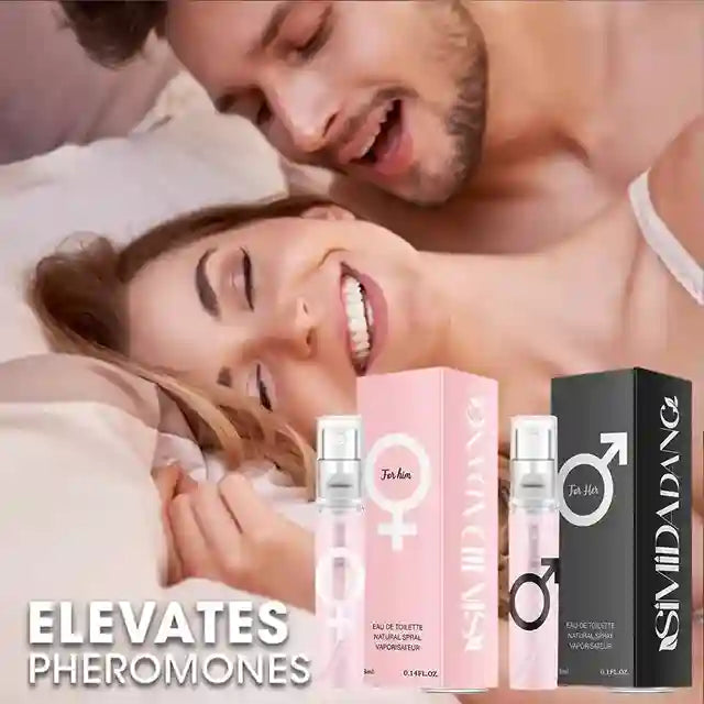 Couple lying in bed with perfume bottles and boxes labeled 'For Her' and 'For Him'.
