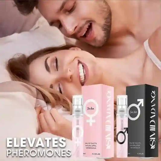 Couple lying in bed with perfume bottles and boxes labeled 'For Her' and 'For Him'.