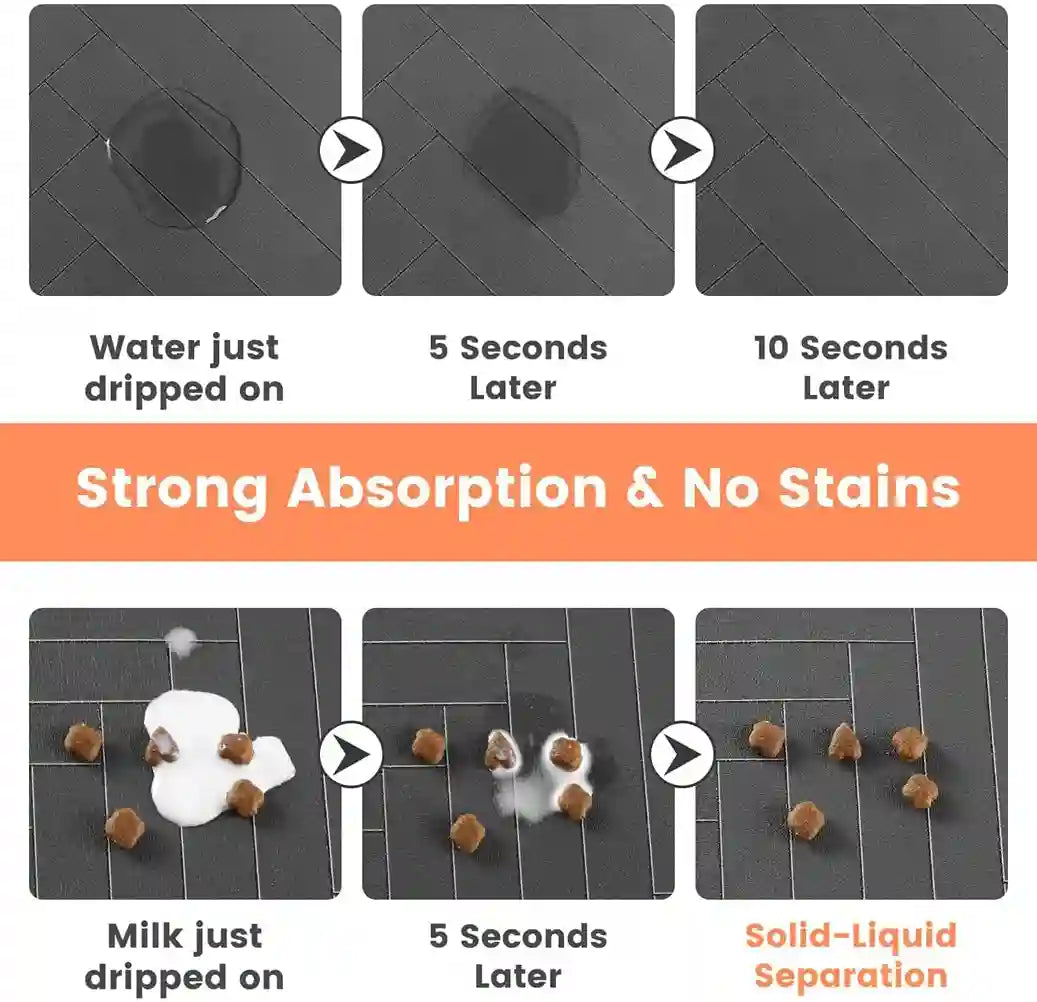 Demonstration of a mat absorbing water, milk, and solid substances with text indicating absorption and separation.
