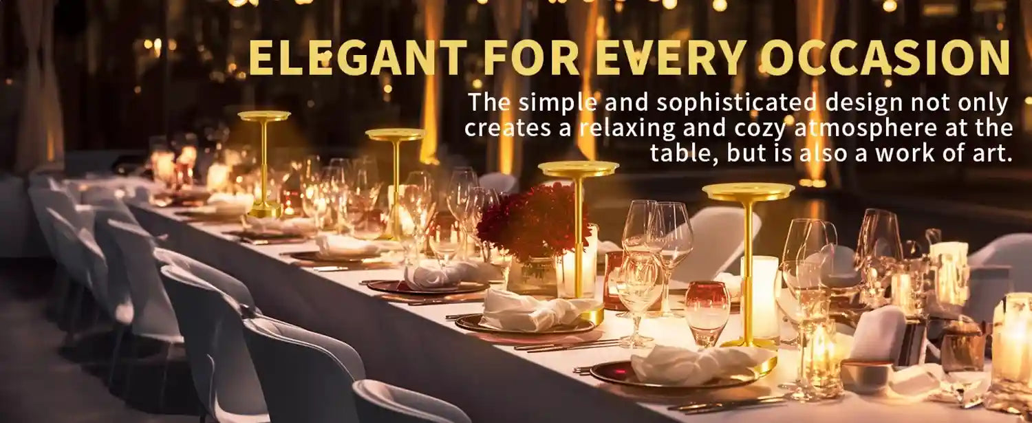 Dining table set with candles and glasses, text about elegance for every occasion.