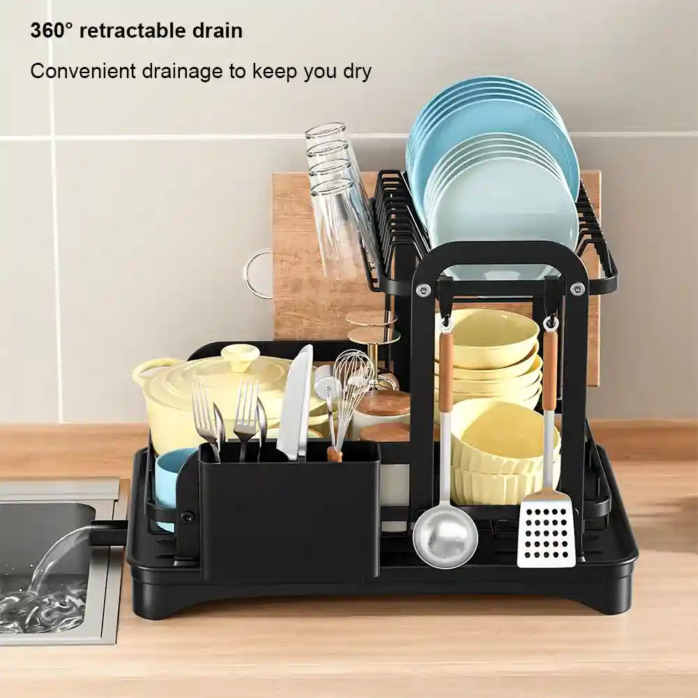 Dish drying rack with various dishes and utensils on a kitchen counter.