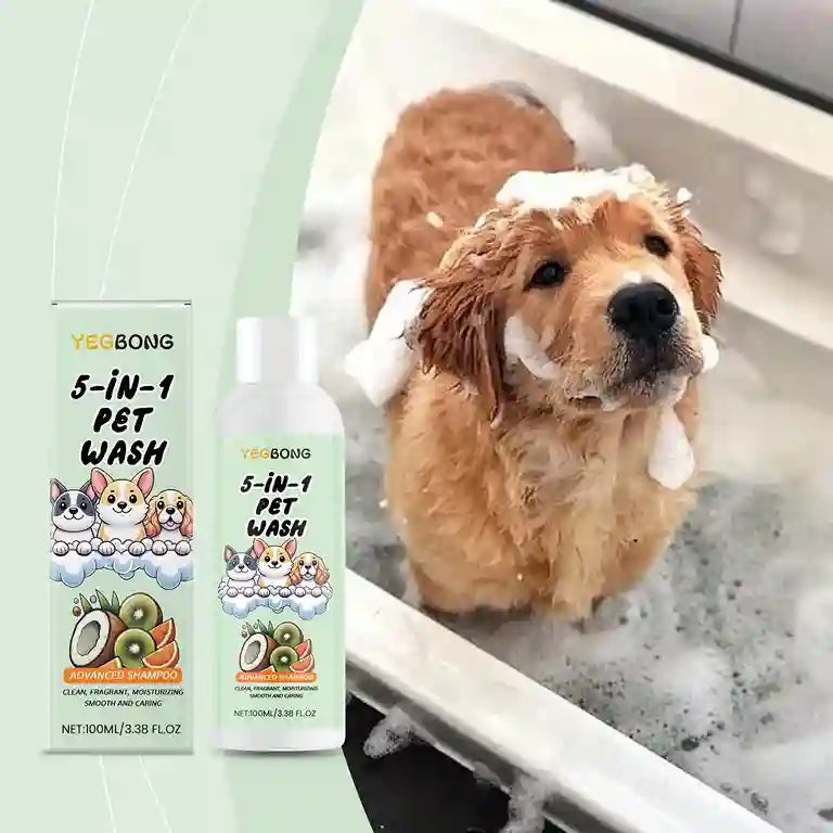 Dog being bathed with Yegbong 5-in-1 Pet Wash bottles displayed.