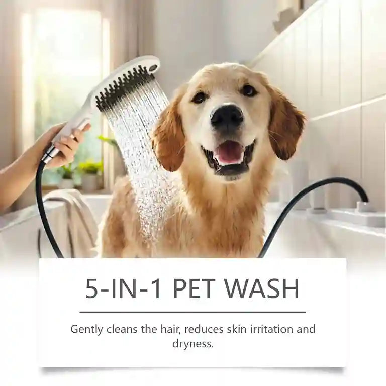 Dog being bathed with a handheld shower head in a bathroom setting, with text about a 5-in-1 pet wash product.