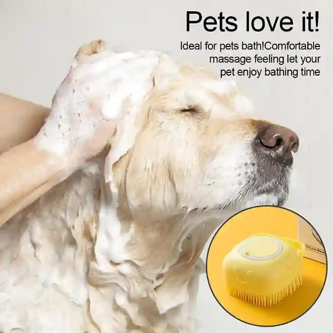 Dog being bathed with a yellow pet grooming brush, text 'Pets love it!' and 'Ideal for pets bath! Comfortable massage feeling let your pet enjoy bathing time'.