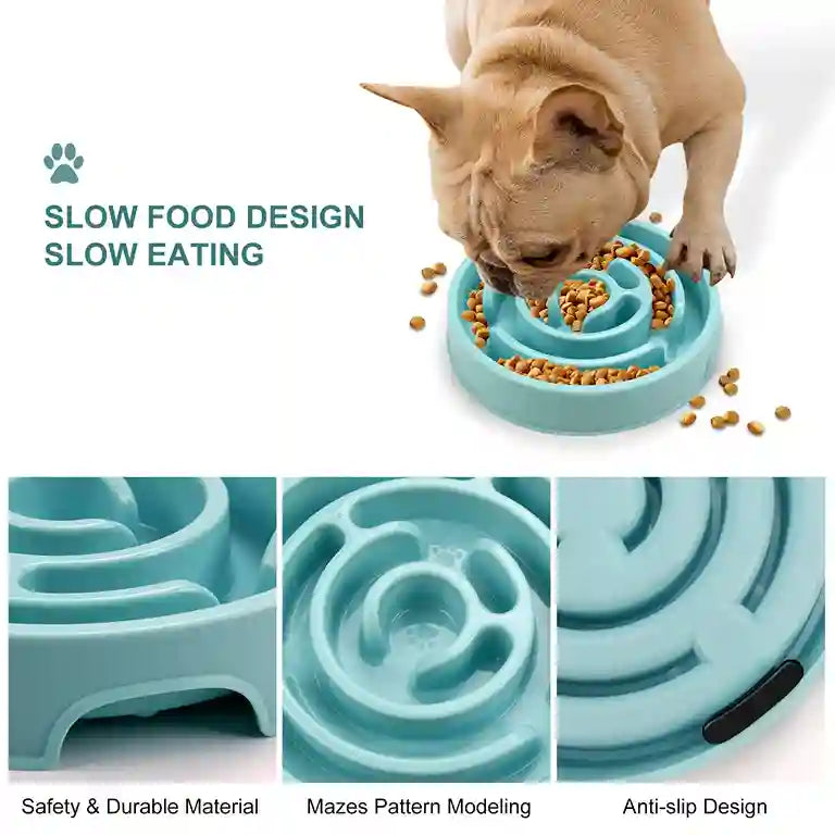 Dog eating from a slow feed bowl with text highlighting features
