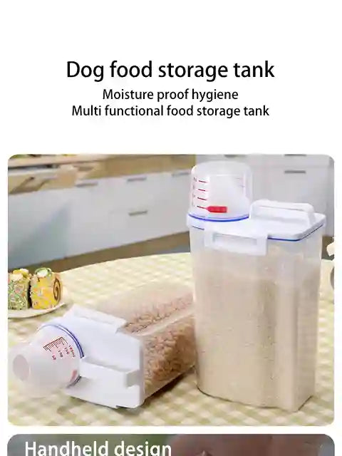 Dog food storage tank with a handheld design on a kitchen counter.