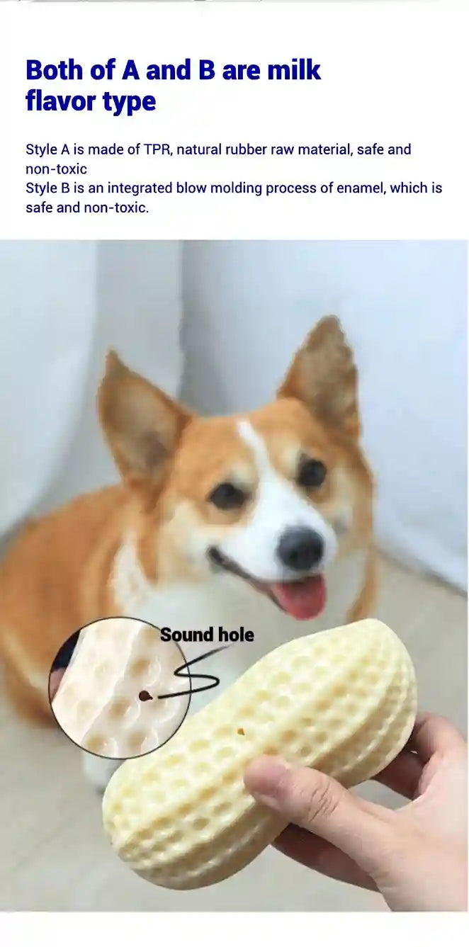 Dog holding a yellow toy with a sound hole, text about milk flavor type and safety.