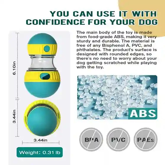 Dog toy with text about its material and safety features, including dimensions and weight.