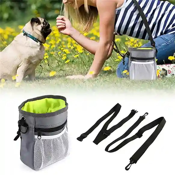 Dog training bag with straps and a person feeding a dog outdoors.